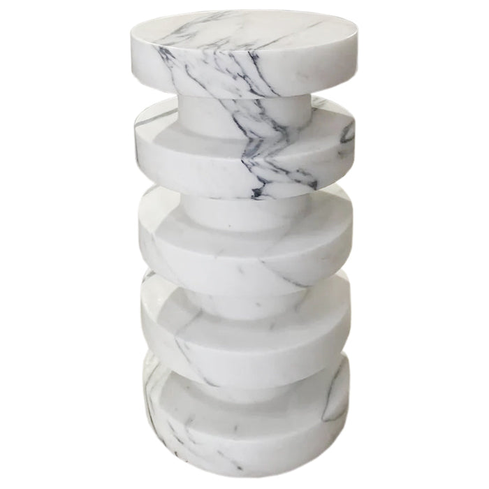Sculptural White Turkish Marble Polished Designer Accent Side Table 12x12x24 Inches