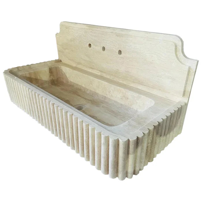 Beige Travertine Wall-mount Vanity Sink - Fluted 16 x 36 x 6