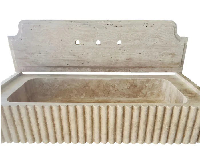 Beige Travertine Wall-mount Vanity Sink - Fluted 16 x 36 x 6