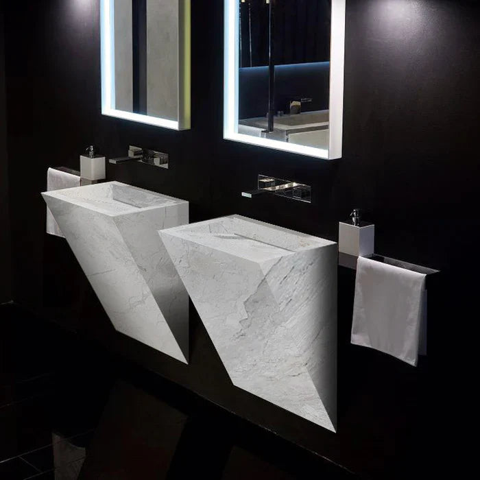 Turkish Polar White Marble Handcrafted Triangle Wall Mounted Bathroom Sink 12x18