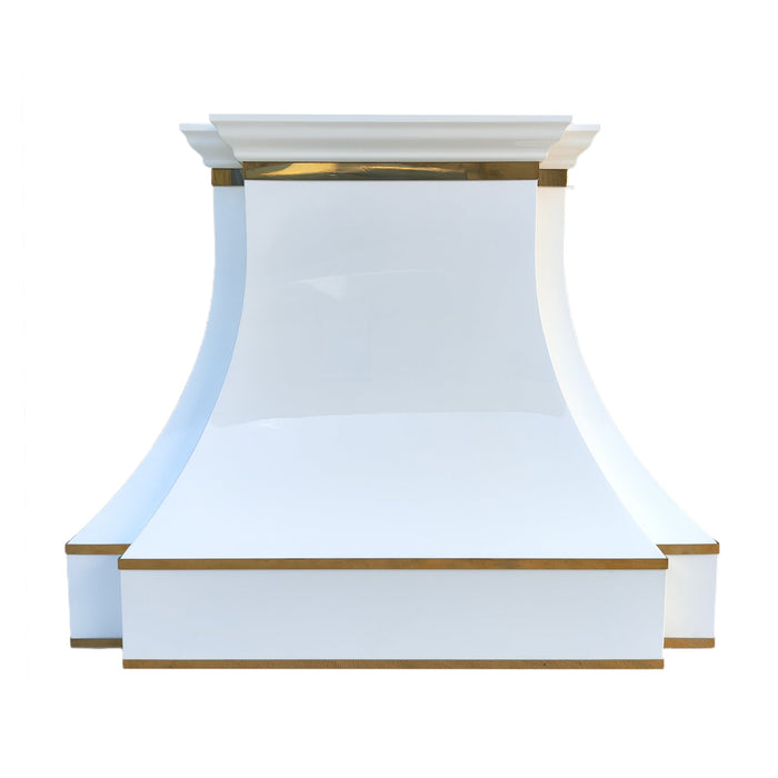Sweep White Stainless Steel Custom Range Hood with Gold Trim 48W x 21D x 39H