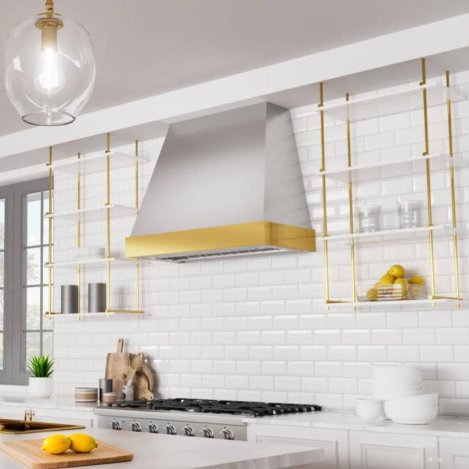 Angled Brushed Stainless Steel Custom Range Hood with Brass Trim
