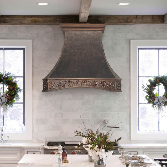 Antique Copper Custom Sweep Range Hood with Arch