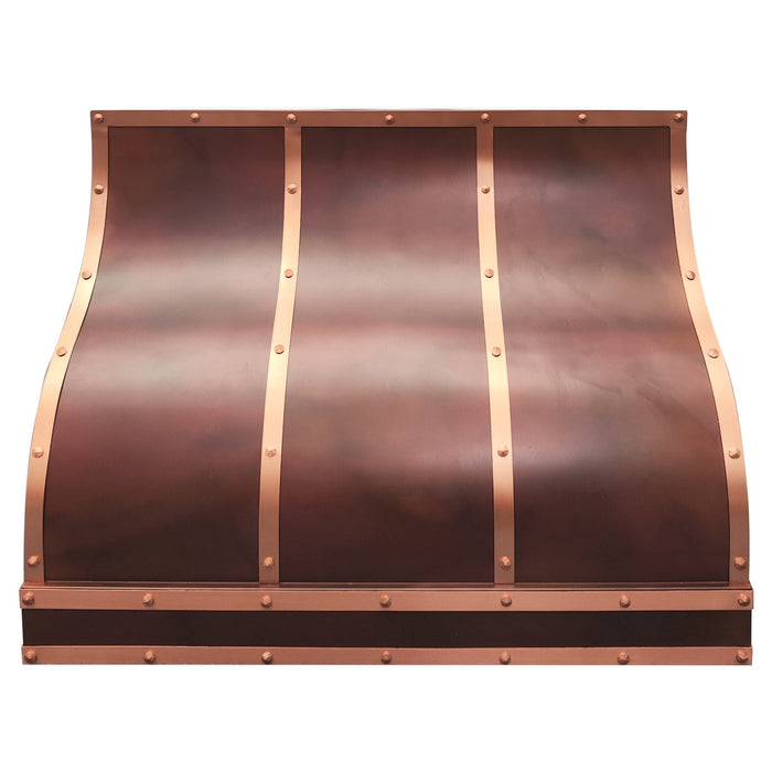 Ogee Design Custom Copper Range Hood Fired Patina with Straps