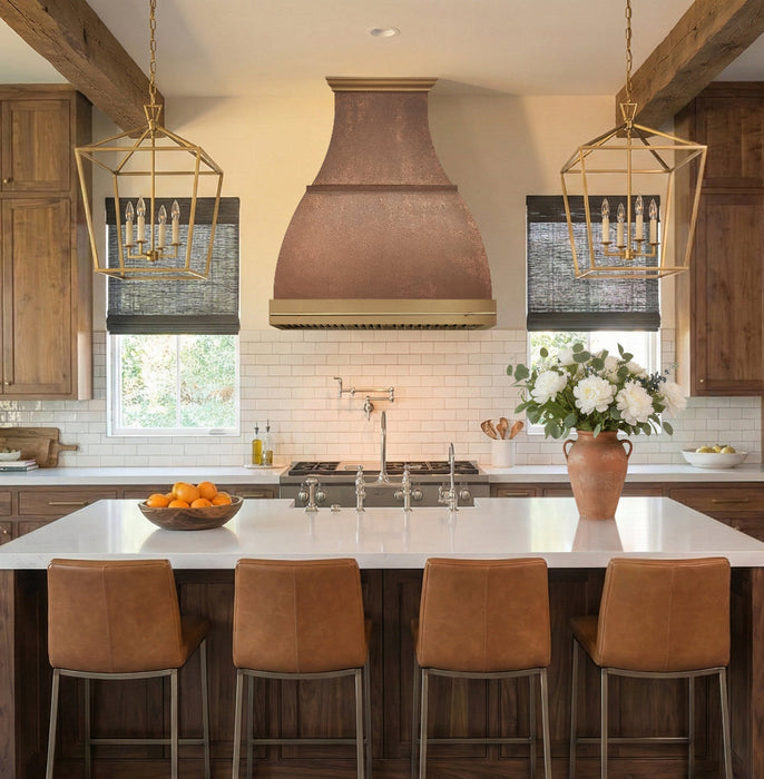 Bell Copper Range Hood Vintage Patina with Brass Crown and Apron