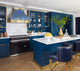California Seashore Blue Range Hood with Polished Brass Trim