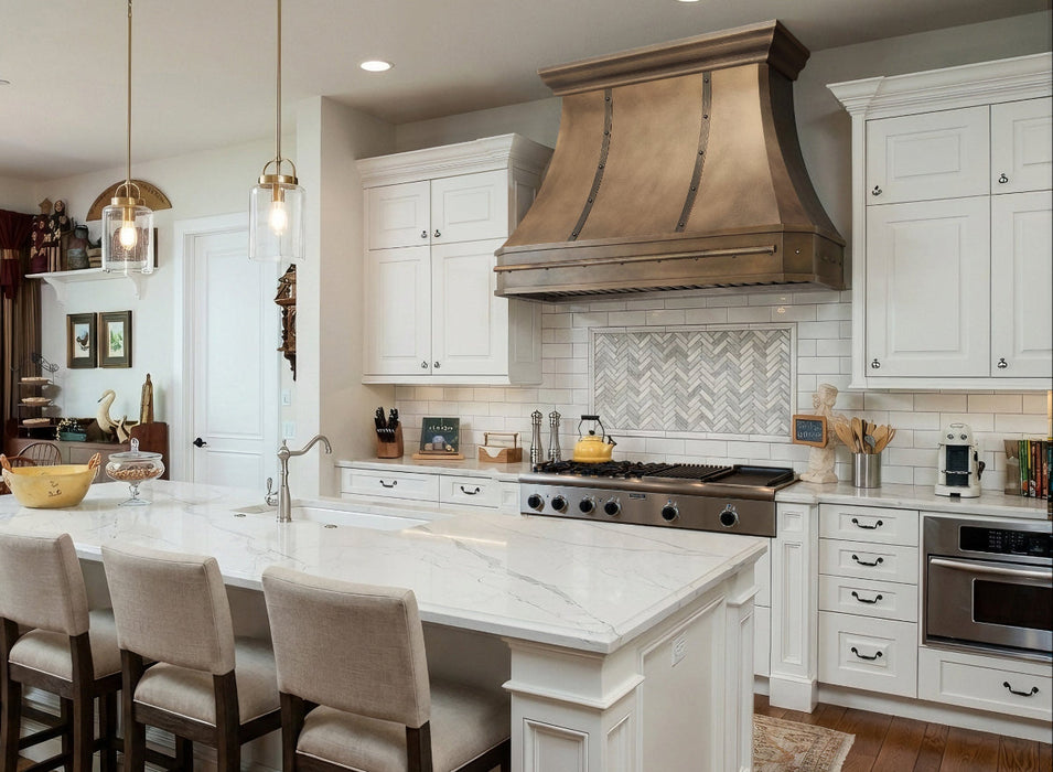 Curved Antique Brass Custom Range Hood with Pot Rail