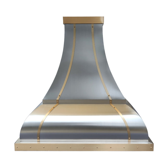 Curved Stainless Steel Range Hood with Brushed Brass Straps 54"W x 24"D x 54"H