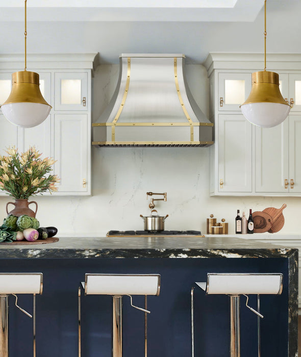 Curved Stainless Steel Range Hood with Clipped Corner and Brass Straps