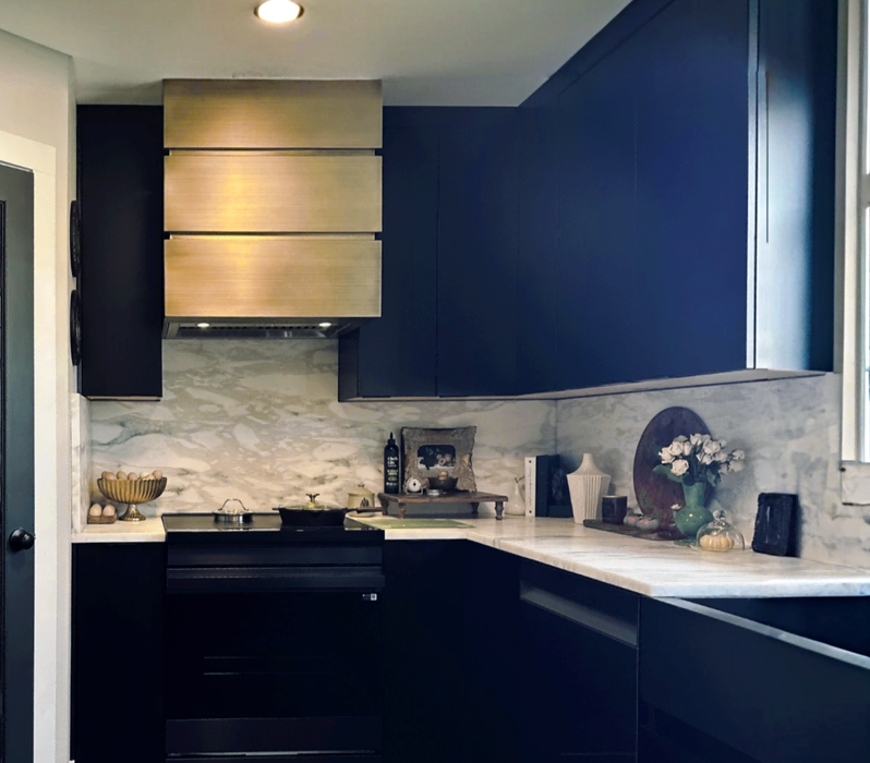 Custom Antique Brass Box Range Hood with Concave Design