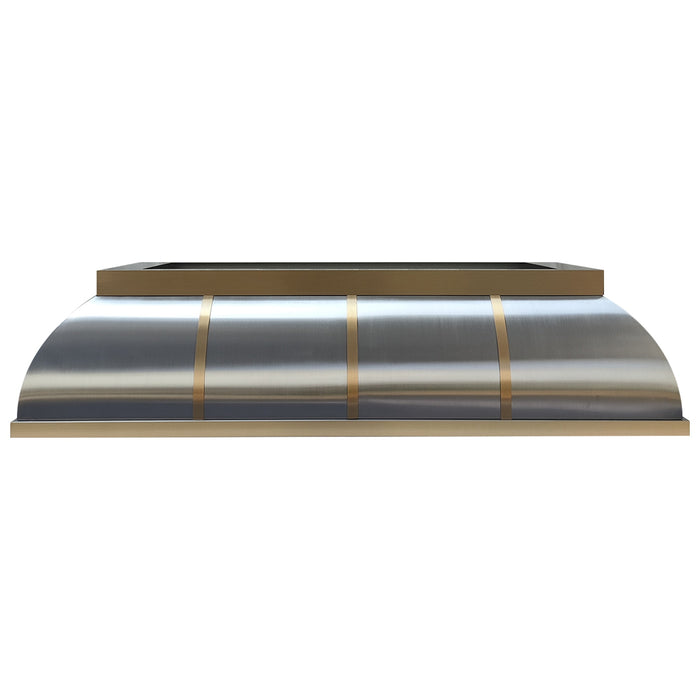 Custom Bell Stainless Steel Stove Hood Island Mounted with Brass Straps