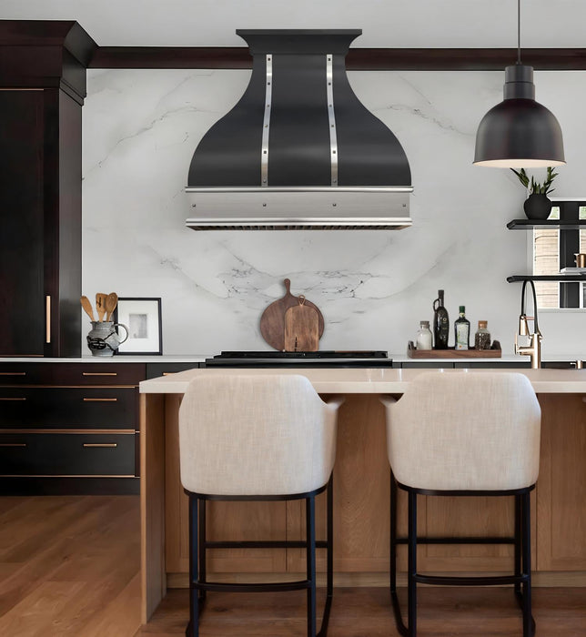 Custom Black Stainless Steel Modern Bell Range Hood with Stainless Apron