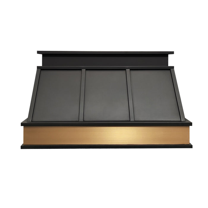 Custom Black Stove Hood in Trims and Golden Apron
