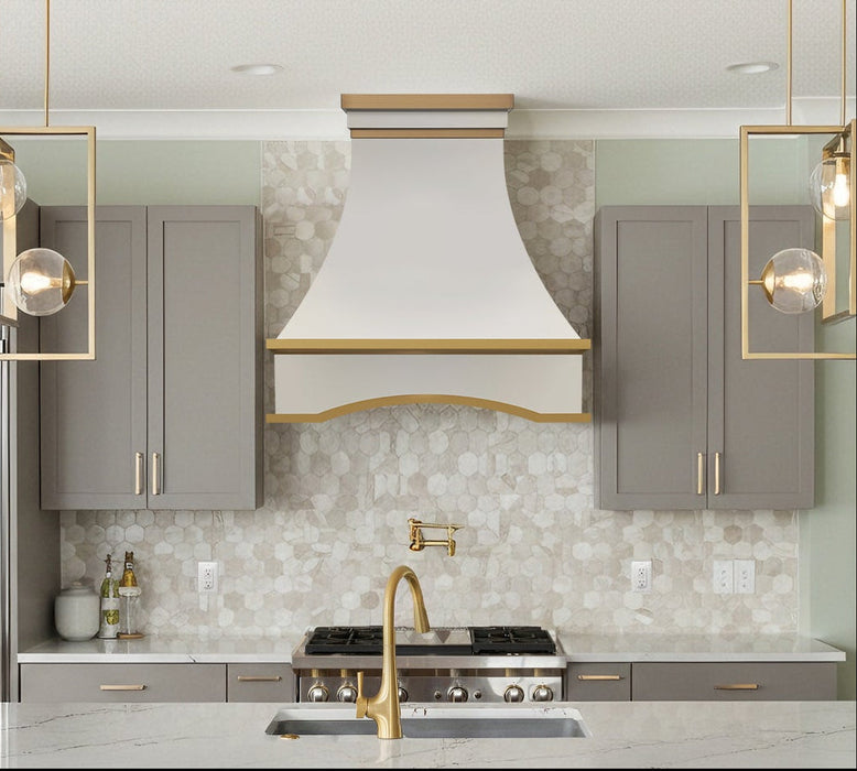Custom Curved Stainless Steel Range Hood Matte White with Golden Straps Arch Deisgn