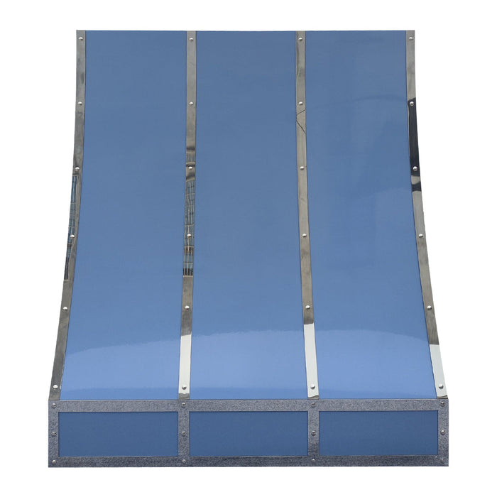 Custom Glossy Blue Stainless Steel Range Hood with Polished Silver Decorative Straps