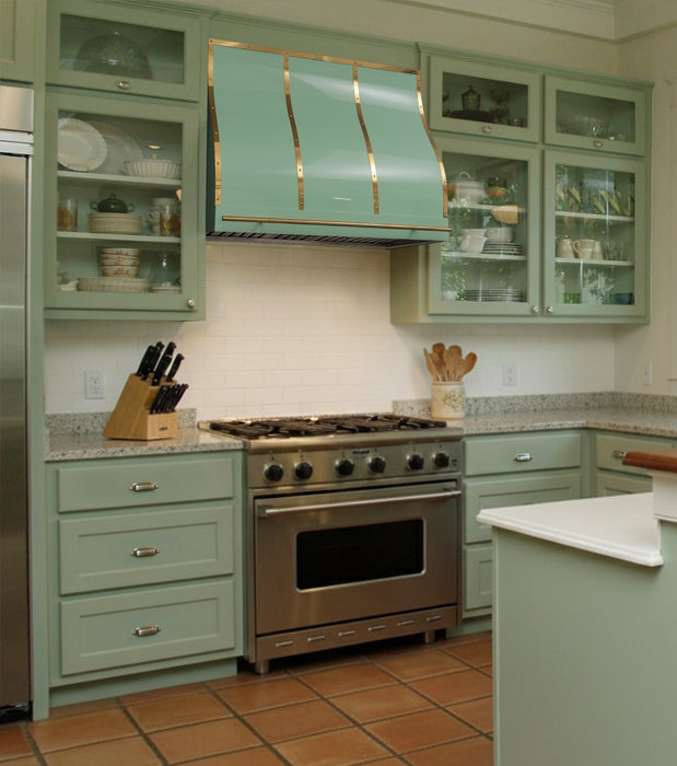 Custom Green Range Hood Stainless Steel with Polished Brass Accents