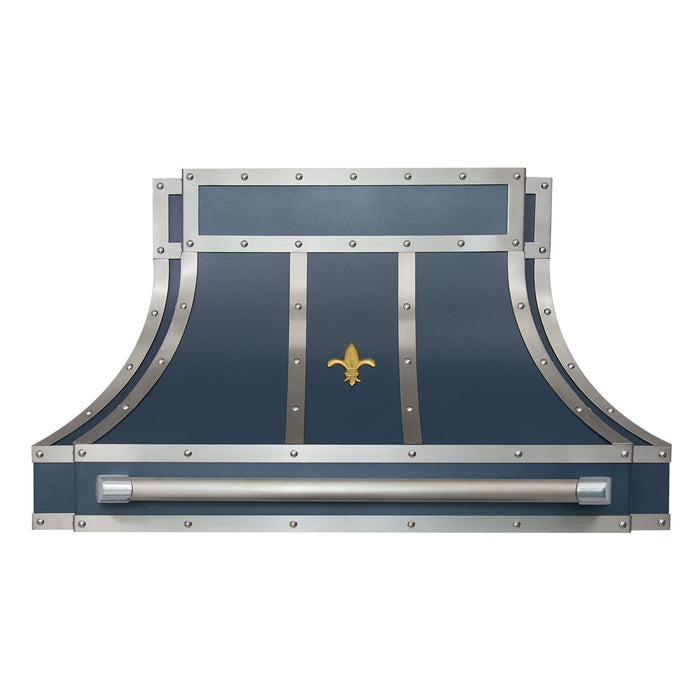 Custom Navy Blue Stainless Steel Range Hood with Fleur & Pot Rail