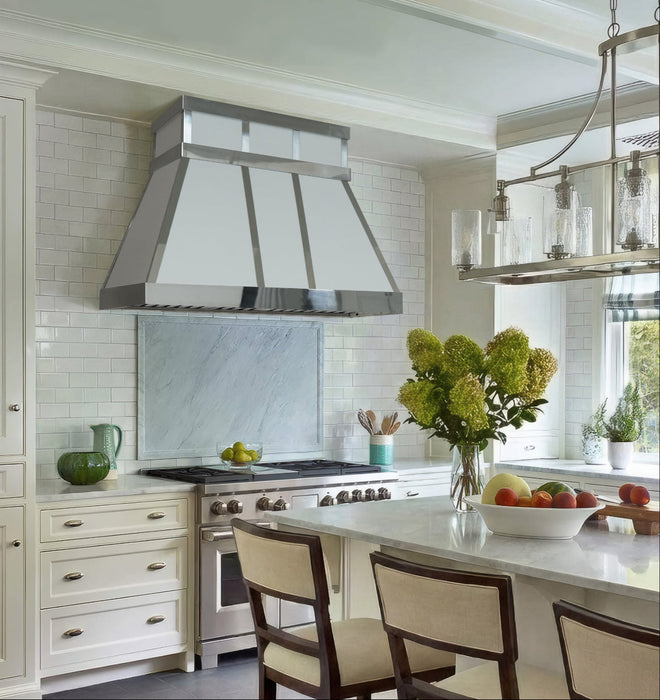 Custom White Stainless Steel Range Hood Taper Shape with Mirror Straps