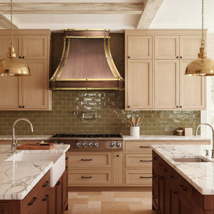 Farmhouse Style Copper Range Hood Custom Curve with Brass Straps