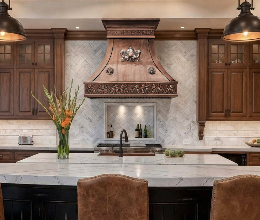 Handcrafted Luxury Copper Curved Kitchen Hood with Cusom Motif and Seams