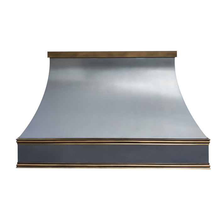 Industrial Custom Zinc Range Hood with Polished Brass Trims and Crown