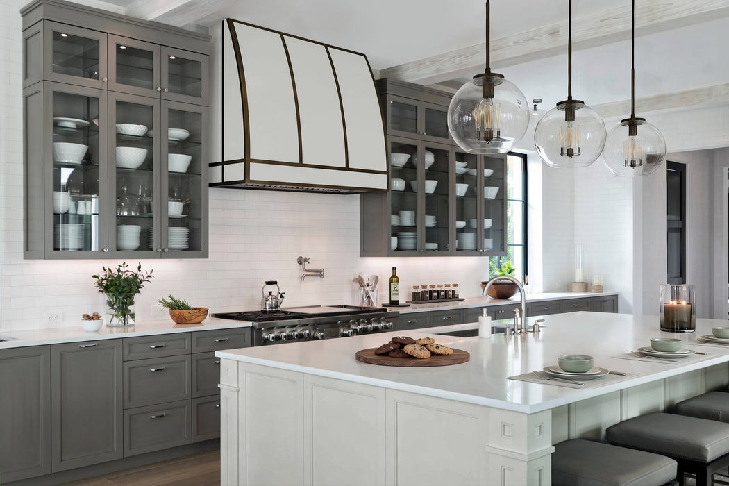 Modern White Barrel Kitchen Hood with Antique Brass Straps