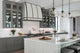Modern White Barrel Kitchen Hood with Antique Brass Straps