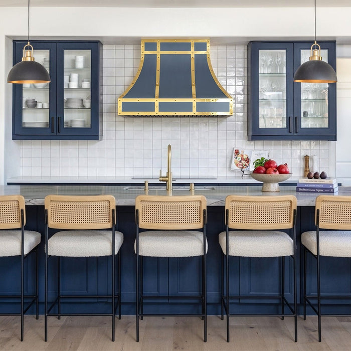 Painted Stainless Steel Range Hood Custom Blue with Polish Golden Accents