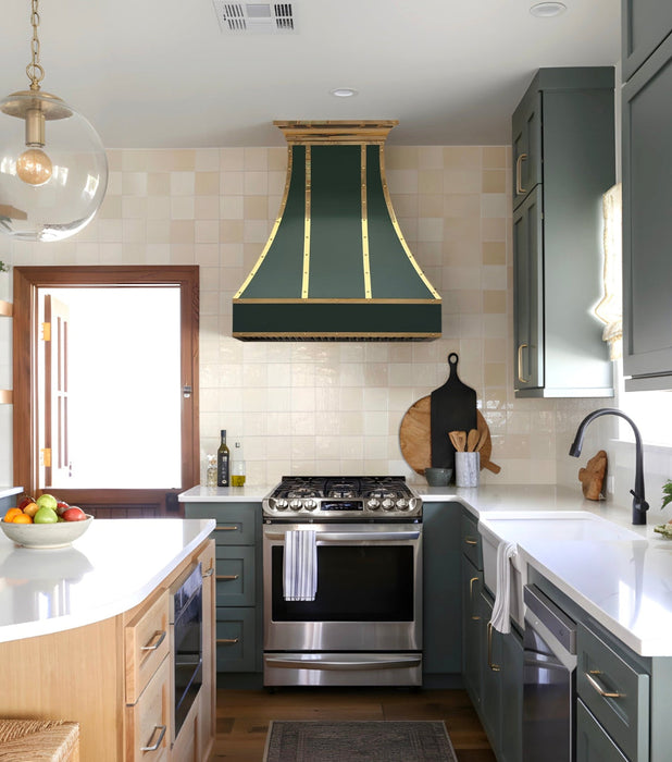 Stainless Steel Range Hood Custom Green with Polish Golden Accents