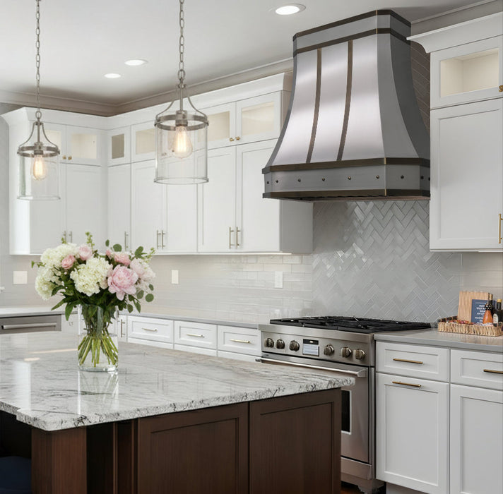 Stainless Steel Range Hood Custom Industrial with Antique Brass Accents