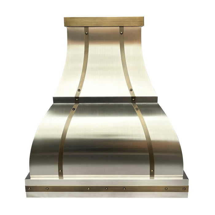 Stainless Steel Range Hood with Anqtiue Brass Straps 36W x 21D x 39H-H1-2TRM