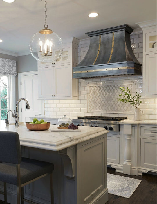 Sweep Antique Zinc Custom Range Hood with Brass Straps