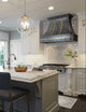 Sweep Antique Zinc Custom Range Hood with Brass Straps