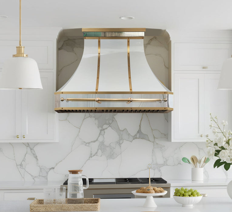 White Stainless Steel Range Hood with Curved Corners and Pot Rack