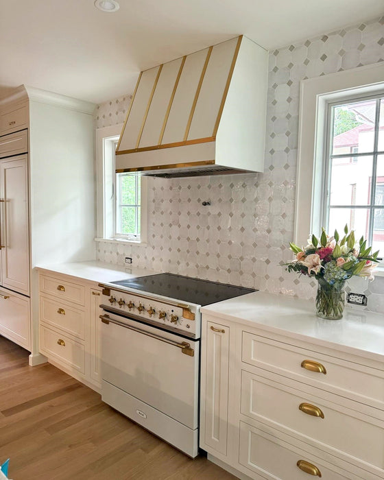White Stove Hood Custom Stainless Steel with Brass Bands