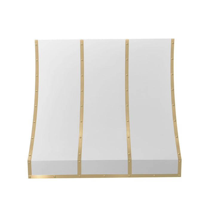 Custom White Slope Stainless Steel Range Hood with Brass Straps and Rivets