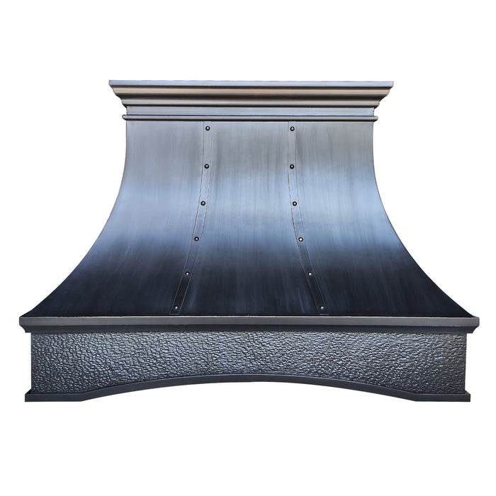 Custom Black Arch Copper Custom Kitchen Range Hood with Straps & Rivets