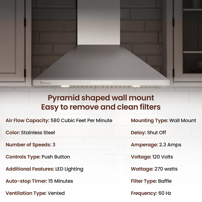 Rangaire 30" Wall-Mounted Range Hood 580 CFM Convertible  Stainless Steel  RHWMP30S