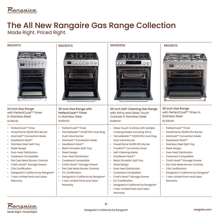 Rangaire 36" Gas Range Convection Oven Freestanding Stainless Steel RRG361TS