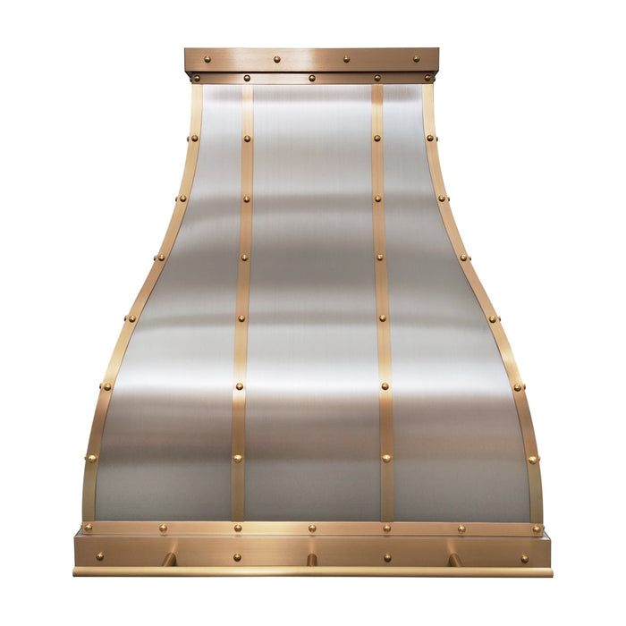 Custom Stainless Steel S-Curve Range Hood with Brass Straps Rivets Pot Rail