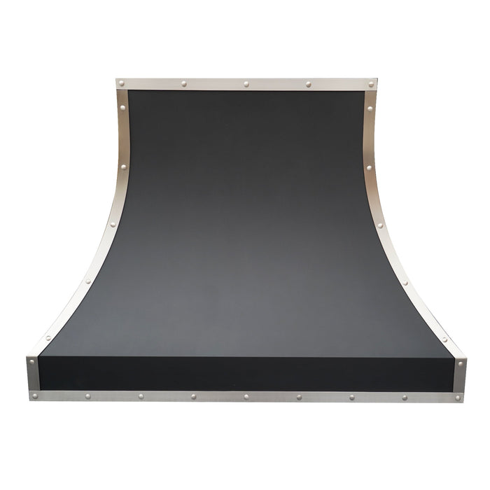 Black Stainless Steel Range Hood Curved Design with Gray Straps & Rivets