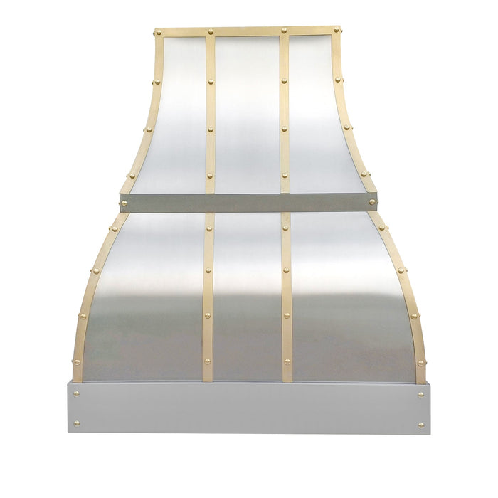 Curved Stainless Steel Custom Range Hood with Brass Accents