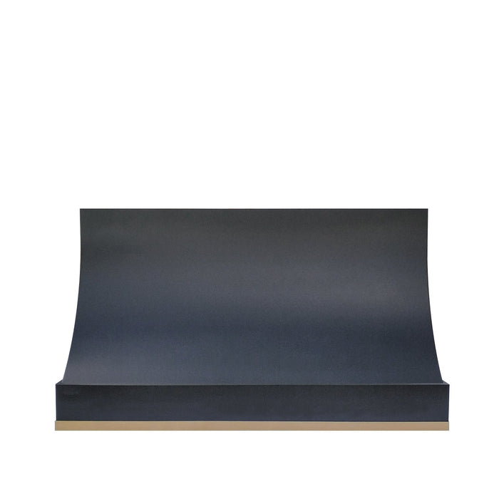 Sloped Black Stainless Steel Custom Range Hood with Brass Accents