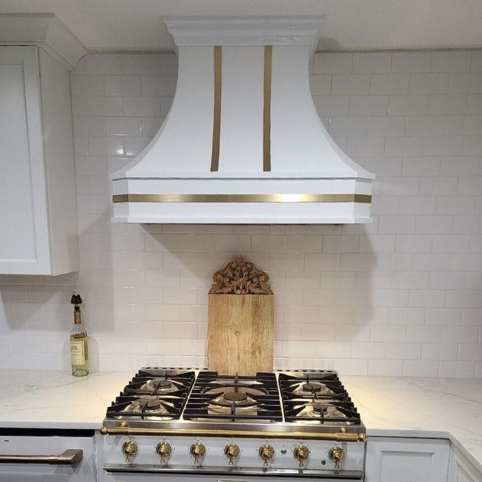 Sweep White Stainless Steel Custom Range Hood with Brass Bands