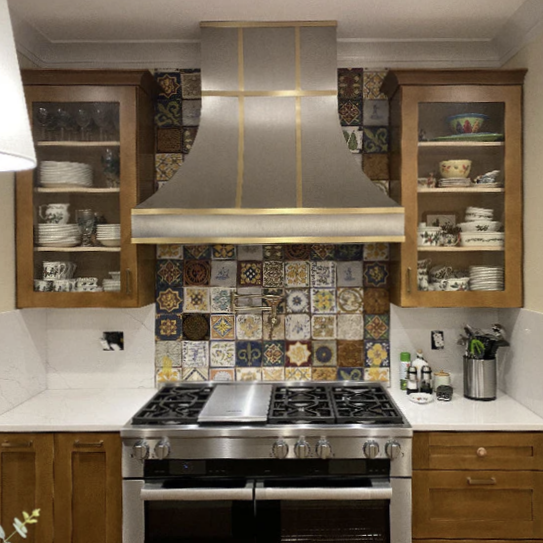 Curved Stainless Steel Custom Range Hood with Brass Bands