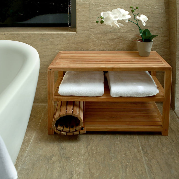 Savannah Natural Teak Shower and Spa/Bathroom/Outdoor - Storage Bench with Shelves- 28" or 40"