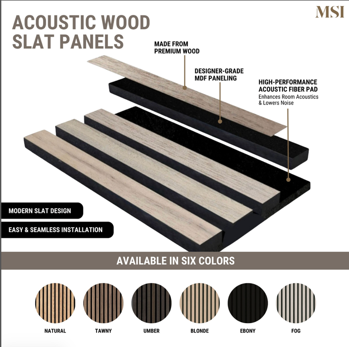 MSI Ebony Acoustic Wood Slat Panels WPNL-ACWFLTEBON9.5X94.5