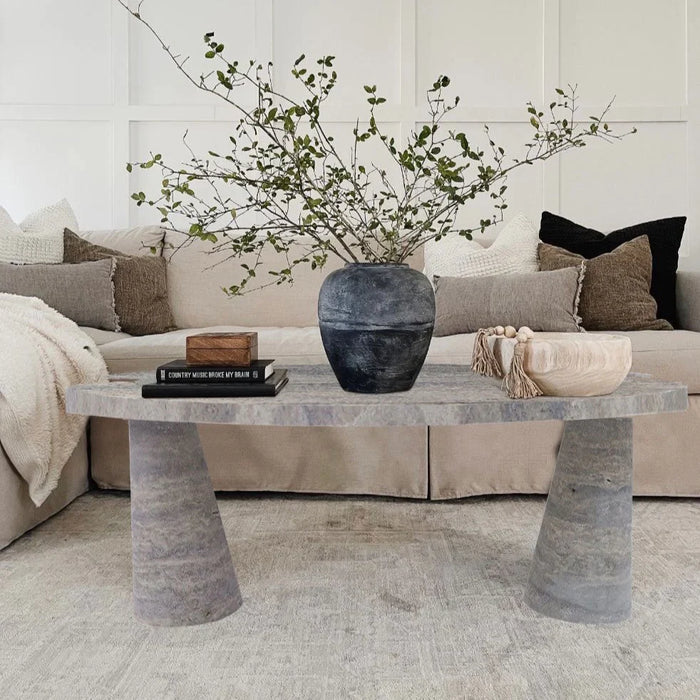 Silver Travertine Vein-Cut Coffee Table with Conic Legs Honed
