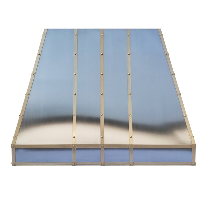 Tapered Stainless Steel Custom Kitchen Hoods with Brushed Brass Straps