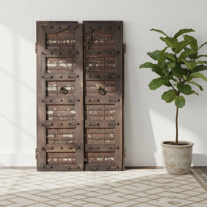 1800s Antique Teak Wood Distressed Rustic Door With Metal Straps